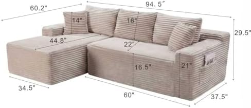 95" L-Shaped Left Facing Cloud Sectional Couch for Living Room, Modular Compressed Boneless Sectional Sofa Corduroy Boneless Corner Foam Sofa W/Chaise Lounge and Pillows