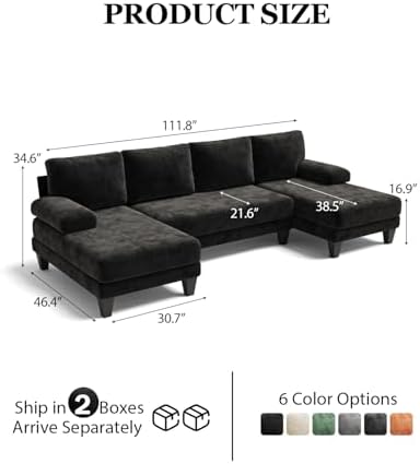 U-Shaped Sectional Couches for Living Room | 112 Inch Modern Sectional Couch | Chenille Sofa with Double Chaise for Apartment Black