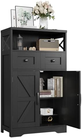 Farmhouse Storage Cabinet with Drawers, Small Kitchen Pantry Cabinet, Black