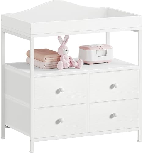 BOLUO Changing Table Dresser with 4 Fabric Drawers and Open Shelf, Baby Dresser with Changing Table Top Diaper Changing Station with Storage for Nursery Modern (White)