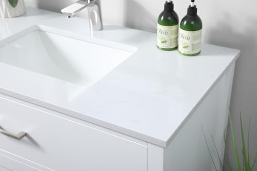 36" Pre-Assembled Bathroom Vanity with Sink, Engineered Wood, Calacatta White Engineered Marble Countertop Attached, Single Rectangle Porcelain Sink, White