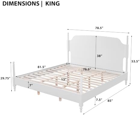 Christopher Knight Home Kane Wooden King Bed Frame with Headboard, Farmhouse King Size Bed Frame and Arched Headboard, 4-Poster King Bedframe with Slats Support, No Box Spring Needed, White