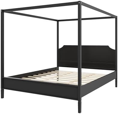 LUMISOL Queen Size Wood Canopy Platform Bed with Headboard, Vintage Four-Poster Platform Beds with Slat Support and Under-Bed Storage Space, 4 Corner Canopy Bed Post Frame, Black