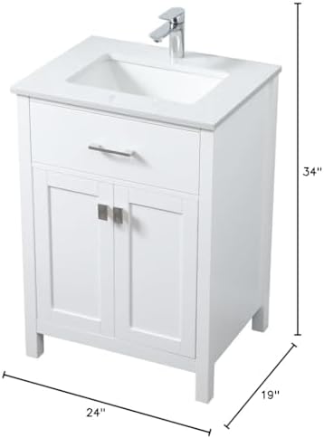 24" Pre-Assembled Bathroom Vanity with Sink, Engineered Wood, Calacatta White Engineered Marble Countertop Attached, Single Rectangle Porcelain Sink, White