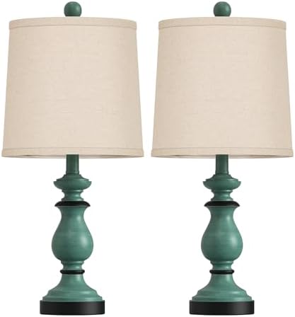 PARTPHONER Traditional Table Lamp Set of 2, Rustic Farmhouse Table Lamps for Living Room Bedroom, 22" Bedside Desk Lamps Vintage Nightstand Lamps with Linen Shades, Green