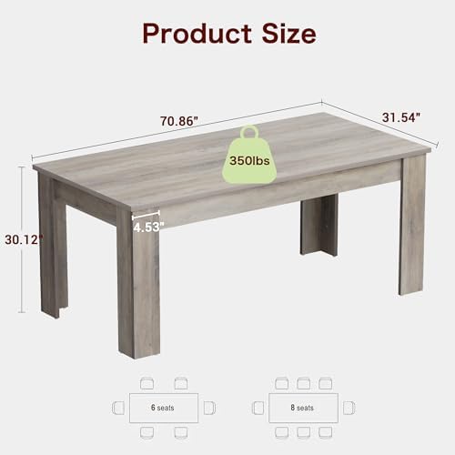 71" Farmhouse Dining Table for 6-8 People, Large Rectangular Kitchen Table, Rustic Wood Dinner Table for Dining Room and Living Room, Sturdy Country Table for 6 to 8, 300 lbs, Rustic Gray