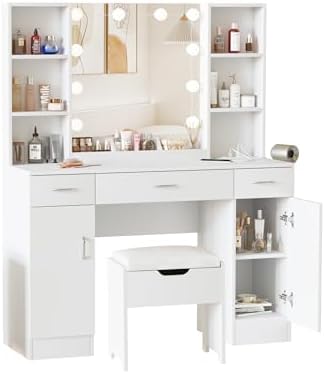 Halitaa Makeup Vanity Table with Lighted Mirror & Power Outlets, Large Vanity Set Vanity Desk with Storage Stool, 3 Lighting Modes, Brightness Adjustable, 45inch, White