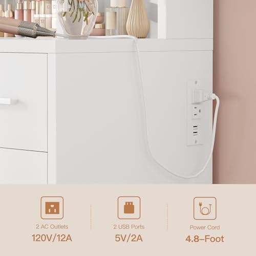 FIONESO Vanity Desk with Mirror, LED Lights and Power Outlet Makeup Vanity Table with 9 Drawers and 7 Storage Shelves Dressing Table for Bedroom Dressing Room (White)
