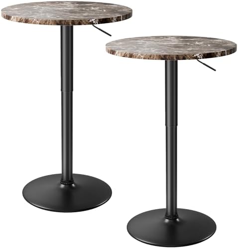Flamaker Round Bistro Pub Table 23.6 Inch Height Adjustable 360° Swivel Bar Table Metal Base for Pub, Dining Room, Party (2, Marble-Black)