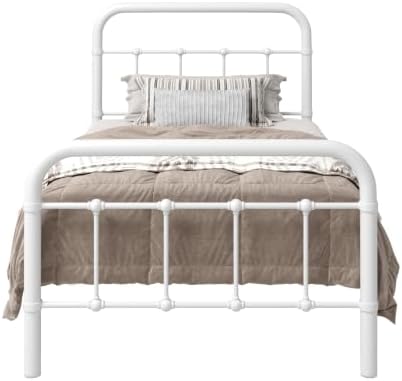 Allewie Twin Metal Bed Frame with Victorian Iron-Art Headboard, White