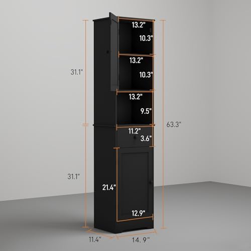 Viaozutis Tall Bathroom Cabinet, Storage Cabinet with 2 Doors & 2Drawer, with Ajustable Shelve, for Bathrooms, Kitchens,Entrances（Black）