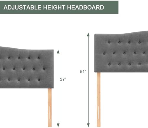 Tufted Headboard King Size, Solid Wood Adjustable Height Head Board, Gray