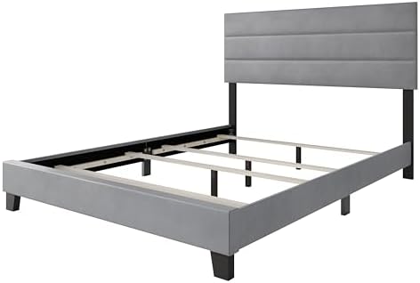 HOME DESIGN Vallejo King Size Upholstered Panel Bed Frame, Velvet Upholstery, Padded Headboard with High-Density Foam, Box Spring Required, Silver Gray