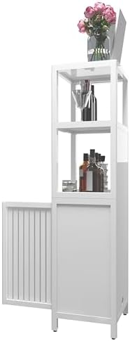 GDFStudio 52" Tall White Bamboo Storage Cabinet, Slim Freestanding Linen Tower with Open Shelves & Door Cabinet, Narrow Floor Organizer for Bathroom, Bedroom, Living Room, Kitchen