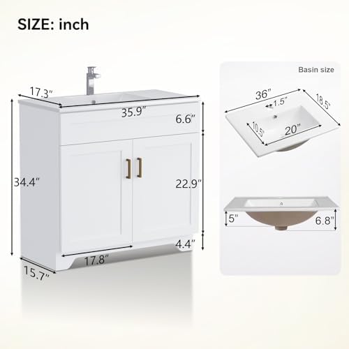Bathroom Vanity, 36 Inch Bathroom Vanity with Sink, Freestanding Vanity with Sink and 2 Soft Closing Doors, Modern Bathroom Sink Cabinet (Paint, White, 36")