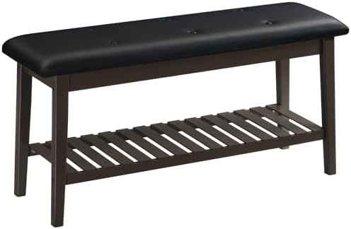 HOOBRO Dining Bench, Bamboo Dining Room Bench, 2-Tier Entryway Bench with PU Leather Upholstered Seat, Kitchen Bench for Living Room, Hallway, Entryway, Bedroom, Kitchen, Brown and Black CB70HX01