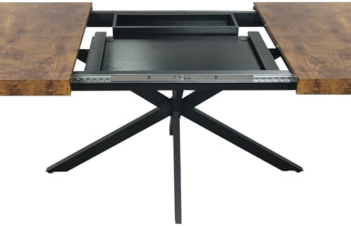 Extendable Dining Table for 4-6 People, 55" to 71" Expandable Table with Hidden Storage Drawer and Black Metal Base, Modern Rectangular Kitchen Dining Table, Brown & Black