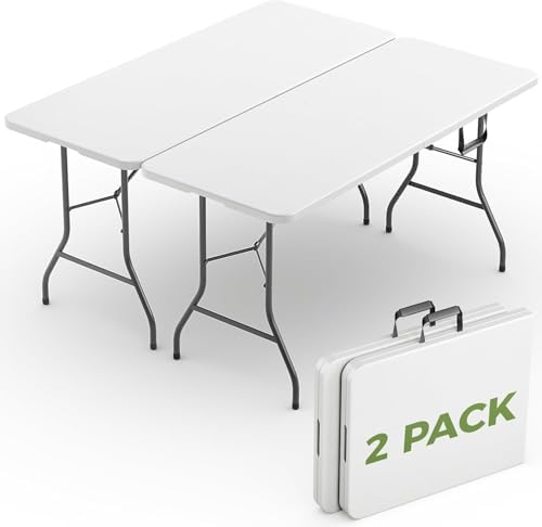 Folding Table 2 Pack, 8 FT Foldable Plastic Table with Carrying Handle, Heavy Duty Portable Fold-in-Half Utility Table for Party, Camping, Banquet, Craft, Wedding, Indoor & Outdoor Use