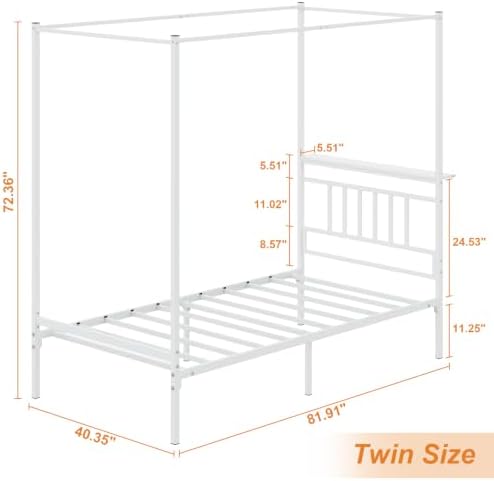 Twin Canopy Bed Frame with Storage Headboard Minimalist Style 4 Posters Bed