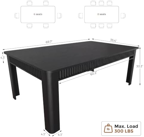 MapleGrace 70" Rectangle Dining Table for 6-8, Wooden Kitchen Table, Black