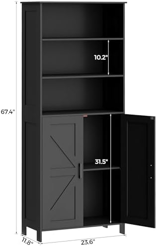 Homhedy 67" Tall Bathroom Storage Cabinet, Bathroom Floor Cabinet | Freestanding Farmhouse Cabinet with Doors and Adjustable Shelf, Linen Cabinet for Bathroom, Living Room, Laundry Room, Black
