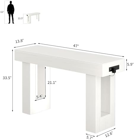 Unikito 47" Entryway Table with Socket & Sensor Light, Rustic White