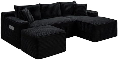 95-Inch U-Shaped Right Facing Corner Compressed Sofa Modular Sectional Boneless Cloud Sofa Floor Foam Couch W/Chaise Lounge & Ottoman, Corduroy Corner Boneless Cloud Couch