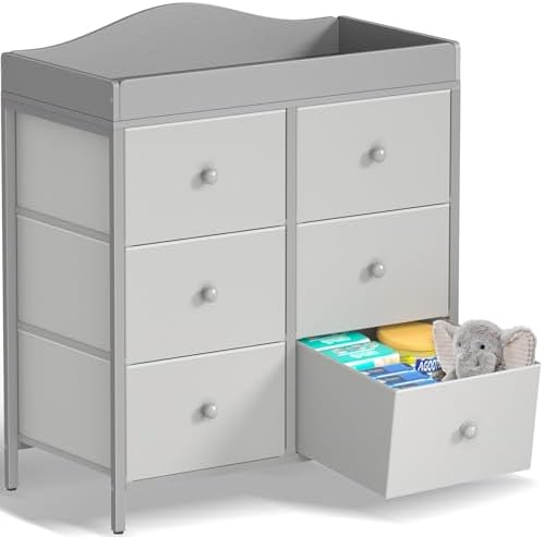 BOLUO Changing Table Dresser with 6 Fabric Drawers, Baby Dresser with Changing Table Top Diaper Changing Station with Storage for Nursery Modern Grey