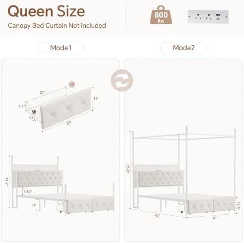 Queen Size Canopy Bed Frame with Charging Station and LED Lights