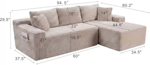 95" L-Shaped Right Facing Cloud Sectional Couch for Living Room, Modular Compressed Boneless Sectional Sofa Corduroy Boneless Corner Foam Sofa W/Chaise Lounge and Pillows