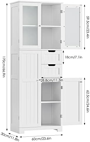 BOTLOG 67'' Tall Bathroom Storage Cabinet, Linen Cabinet with Glass Doors and Adjustable Shelves, Kitchen Pantry with 2 Drawers for Bathroom, Living Room, Dining Room, White | Frosted Glass Doors, Wood Drawers, Kitchen Pantry, Line Cabinet for Bathroom...