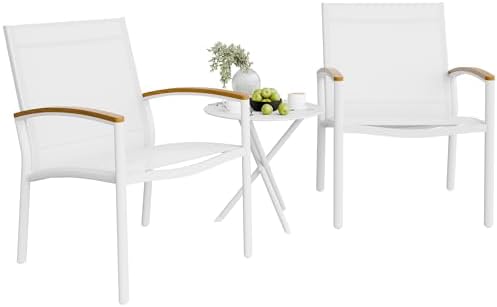 Shintenchi 3 Pieces Patio Bistro Sets, Outdoor Textilene Fabric Conversation Bistro Set, Textilene Fabric Front Porch Chairs Small Patio Furniture Set with Table for Lawn,Garden,Balcony (White)