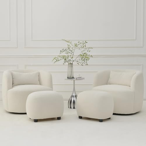 KINWELL 34" Wide 2 Boucle Swivel Barrel Chairs and 2 Ottomans Set, Beige