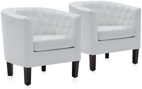 BELLEZE White Accent Chairs for Living Room, Set of 2 Elegant Arm Chairs, Upholstered Tufted Barrel Chairs Club Chairs for Bedroom with Sturdy Legs and Faux Leather - Berlinda (White)