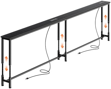 Huuger 86.6 Inch Sofa Table with Power Outlets, 23.9’’-34.4’’ Height Adjustable Range, Behind Couch Table with USB-C Ports, Sofa Tables Narrow Long, Skinny Console Table, Small Spaces, Black