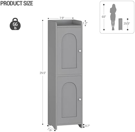 Hzuaneri Bathroom Storage Cabinet, Small Corner Floor Cabinet with 2 Doors | Narrow Toilet Paper Cabinets with Adjustable Shelf, Bathroom Organizer for Small Spaces, 7.9" D x 7.9" W x 29.5" H Gray
