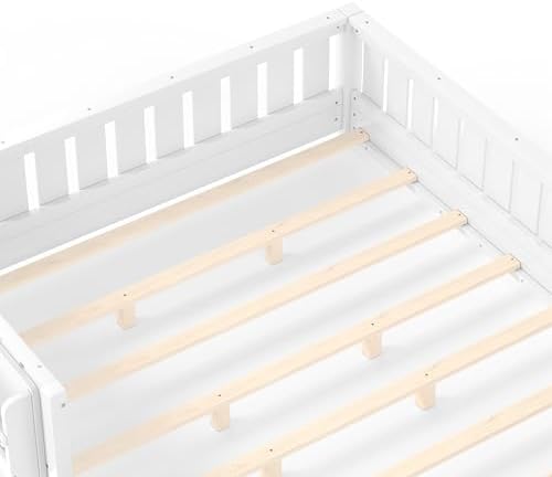 Queen Size Montessori Floor Bed with Bookshelf, Guardrail and Slats, White