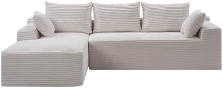 95" L-Shaped Left Facing Cloud Sectional Couch for Living Room, Modular Compressed Boneless Sectional Sofa Corduroy Boneless Corner Foam Sofa W/Chaise Lounge and Pillows