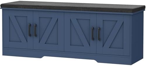 HOMSHO Farmhouse Shoe Storage Bench with 4 Barn Doors & Padded Seat Cushion