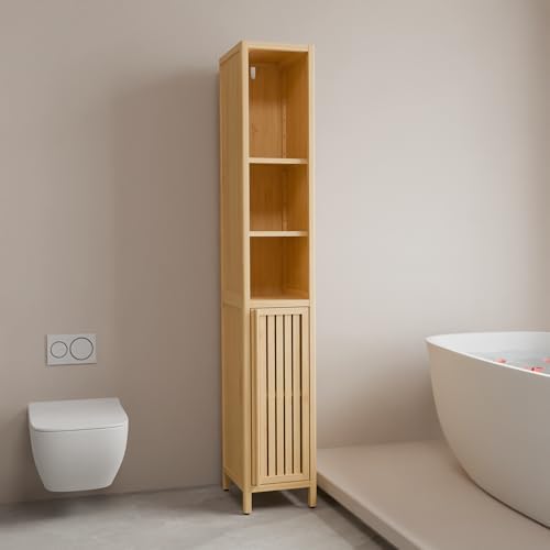 65" Tall Bamboo Storage Cabinet, Slim Freestanding Bathroom Cabinet with 4 Interior Shelves & Open Storage Compartment, Narrow Organizer for Bathroom, Bedroom, Living Room, Laundry Room, Natural