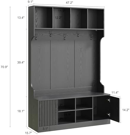 5-in-1 Hall Tree with Bench and Shoe Storage with LED Sensor Light, Black丨Entryway Coat Rack with Hooks and Storage Cubes, Shoe Cabinet with Fluted Door, Modern Hall Tree for Entryway, Living Room
