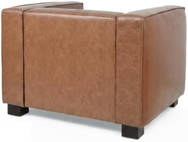 Christopher Knight Home Goyette PU Leather Upholstered Accent Chair, Modern Club Chair, Bold Boxy Silhouette Armchair, Single Sofa with Block-Leg Base, Living Room Lounge Chair Indoor, Cognac Brown