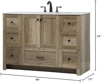 48" Pre-Assembled Bathroom Vanity with Sink, Engineered Wood, Ivory White Engineered Marble Countertop Attached, Single Rectangle Porcelain Sink, 7 Soft-Close Drawers, Natural Oak