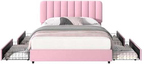 VECELO Queen Size Upholstered Bed Frame with 4 Drawers and Headboard, Velvet Platform Storage Bedframe, Wooden Slats Support, No Box Spring Needed,Pink