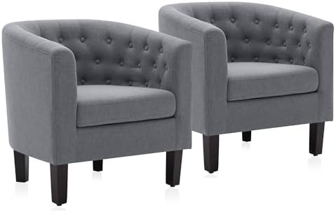 BELLEZE Accent Barrel Arm Chair, Set of 2 Modern Comfy Upholstered Tufted Club Chair with Sturdy Legs and Linen Fabric for Bedroom Living Room - Gray