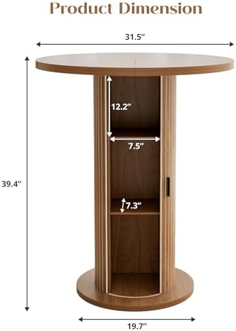 Bar Table with Storage and Sliding Door, 39.4” H 31.5” W Small Round Kitchen Table, Home Bar High Top Cocktail Table for Kitchen, Coffee Bar, Living Room, Walnut