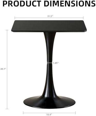Square Dining Table, 31.5" Tulip Table with Thickened Tabletop & Metal Pedestal, Mid Century Modern Bistro Table for Kitchen, Small Places, Living Room, Cafe (Black)