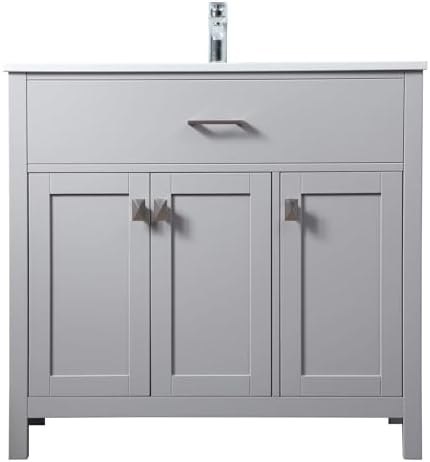 36" Pre-Assembled Bathroom Vanity with Sink, Engineered Wood, Calacatta White Engineered Marble Countertop Attached, Single Rectangle Porcelain Sink, Grey