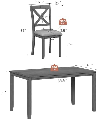Zevemomo 7-Piece Solid Wood Dining Table Set, Farmhouse Wooden Legs, Grey