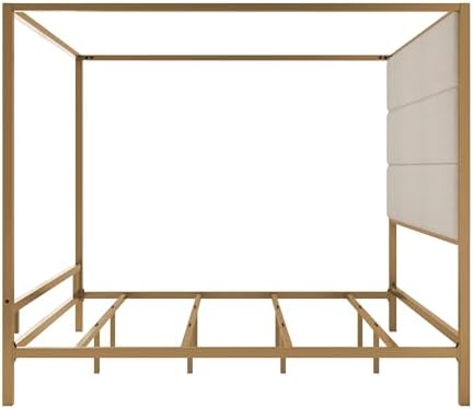 LUMISOL King Size Canopy Bed with Tall Upholstered Headboard, Upholstered 4-Poster Platform Bed Frame with Metal Posters, Box Spring Needed, Easy Assembly, Gold + Tan
